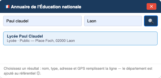 Recherche d'un établissement dans l'annuaire de l'Éducation nationale