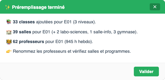 Préremplissage terminé : 33 classes, 39 salles, 62 professeurs