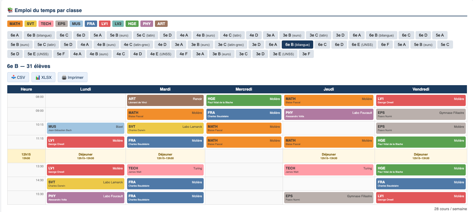 Emploi du temps d'une classe de 6e généré automatiquement par TimeTabler